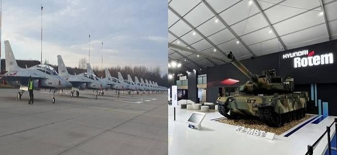 KAI의 FA-50GF(왼쪽)과 현대로템 K2 전차. [각 사 제공]