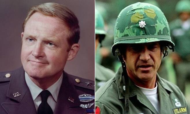 6·25 전쟁과 베트남 전쟁 참전용사인 할 무어&nbsp;전 미국 육군 중장(왼쪽 사진). 오른쪽은 무어가 베트남 전쟁 당시 대대장으로 활약하던 모습을 그린 할리우드 영화&nbsp;‘위 워 솔저스’의 한 장면. 인기 배우 멜 깁슨이 젊은 날의 무어 역할을 맡았다. 미 육군 홈페이지·SNS&nbsp;캡처