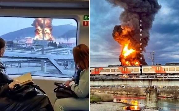 14일(현지시간) 흑해 연안의 러시아 크라스노다르 투압세의 대형 정유공장이 우크라이나 공격을 받았다. 다음날 볼로디미르 젤렌스키 우크라이나 대통령이 자국산 신형 ‘롱 넵튠’ 실전 배치를 발표하면서 정유공장 화재와의 관련성이 제기됐다. 2025.3.15 텔레그램