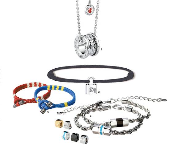 1 불가리와 세이브 더 칠드런이 파트너십 15주년을 맞아 지난해 새롭게 선보인 #위드미위드유 캠페인 주얼리. 2 지난해 루이 비통과 유니세프가 함께 제작한 ‘실버 락킷(Silver Lockit)’과 루이 비통 앰버서더이자 유니세프 친선 대사 밀리 바비 브라운. 3 세이브더칠드런의 ‘세이브원’ 팔찌. 4 유니세프 한국위윈회의 2025년 ‘유니세프팀’ 팔찌. [사진 각 브랜드·각 기관]