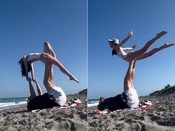 치어리더 출신 조던 허드슨이 15일(현지시간) 자신의 인스타그램에 48세 연상 남자친구인 미국프로풋볼(NFL) 감독 출신 빌 벨리칙과 미국 플로리다주 주피터 비치에서 즐거운 한때를 보내는 모습을 올렸다. [인스타그램]