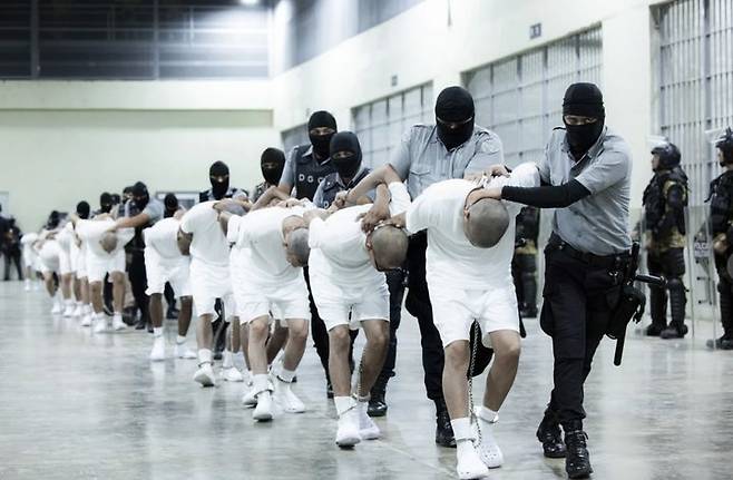 [테콜루카(엘살바도르)=AP/뉴시스] 16일(현지 시간) 미국에서 엘살바도르로 이송된 갱단 단원들이 테콜루카의 테러리즘 구금센터에서 머리를 숙이고 줄지어 이동하고 있다. 2025.03.17. *재판매 및 DB 금지