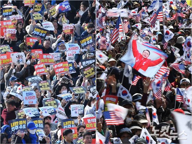 윤석열 대통령에 대한 탄핵심판 선고가 임박한 주말인 15일 서울 종로구 경복궁 동십자각과 세종대로 일대에서 윤 대통령 탄핵 찬반 집회가 열리고 있다. 류영주 기자