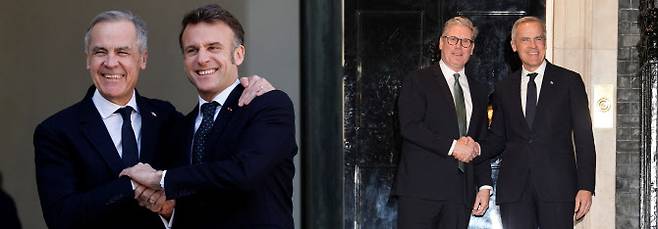 17일(현지시간) 첫 해외 순방지로 유럽을 선택한 마크 카니 캐나다 총리가 에마뉘엘 마크롱(왼쪽 사진 오른쪽) 프랑스 대통령과 키어 스타머(오른쪽 사진 왼쪽) 영국 총리와 만나고 있다.(사진=로이터)