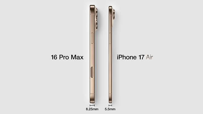 아이폰17 에어의 예상 렌더링과 아이폰16 프로 맥스의 두께 비교. (사진=맥루머스 X 캡처) *재판매 및 DB 금지