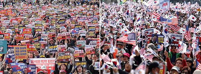 3월 15일 서울 광화문역에서 윤석열 대통령 탄핵 반대 집회가, 경복궁역에서는 탄핵 찬성 집회가 각각 열리고 있다. 뉴스1, 뉴시스