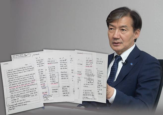 조국 전 조국혁신당 대표가 시사저널과 인터뷰하고 있는 모습. 왼쪽은 조 전 대표가 3월17일 시사저널에 보낸 옥중 인터뷰 답변지 ⓒ시사저널 박은숙‧이종현