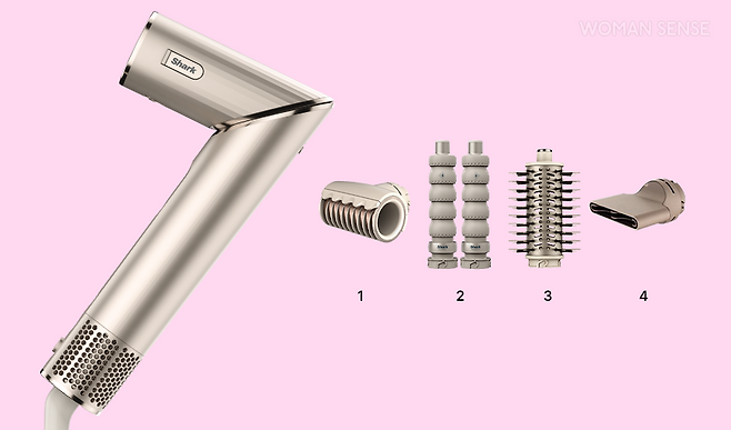 샤크 플렉스타일 에어 스타일러 <샤크 4종 툴> 1 마무리 폴리셔 브러시 잔머리의 부스스함을 줄이고 윤기를 더해주는 툴  2 컬링 배럴 오른쪽, 왼쪽 각기 다른 방향의 컬 연출을 위한 툴 2개  3 라운드 브러시 모발을 차분하게 정리 또는 볼륨을 연출하는 툴 4 스타일링 콘센트레이터 모발 건조를 위한 툴