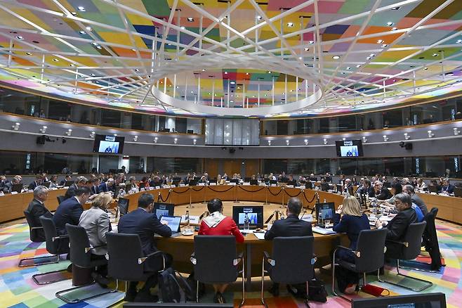 EU 외교장관회의 (브뤼셀=연합뉴스) 17일(현지시간) 벨기에 브뤼셀에서 열린 EU 27개국 외교장관회의. 2025.3.17 photo@yna.co.kr [EU 제공. 재판매 및 DB 금지]
