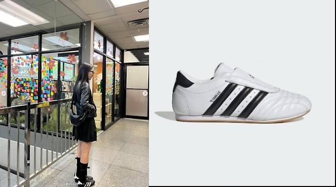 블랙핑크 제니가 아디다스 신발을 일상복과 착용한 모습. 사진=SNS 캡처