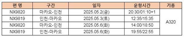 에어마카오가 5월 황금연휴를 맞아 인천 출발 기준 5월3일, 6일에 증편 운항한다 / 에어마카오