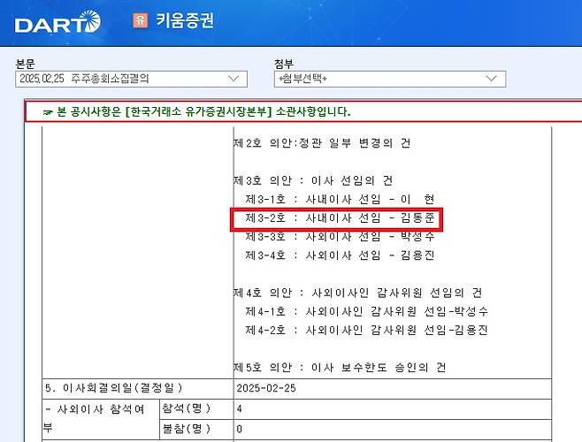 키움증권이 지난 2월 25일 금융감독원 전자공시시스템(DART)에 올린 주주총회 소집결의. 키움증권 이사회는 김동준 키움인베스트먼트 대표를 사내이사로 선임하는 안건을 올렸다.