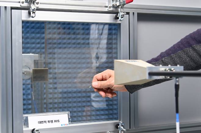 ETRI가 개발한 고투과, 광대역, 광각 특성을 가진 투명 지능형 재구성 안테나(RIS). 창문에 붙이는 투과형 투명 RIS도 개발이 진행 중이다./ETRI