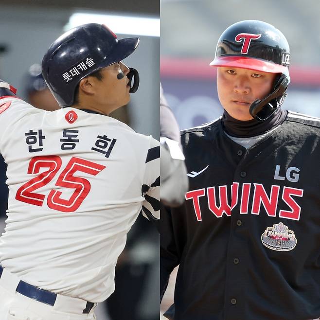 상무 야구단에 합격한 한동희(왼쪽)와 이재원. 사진=IS 포토, 롯데 제공