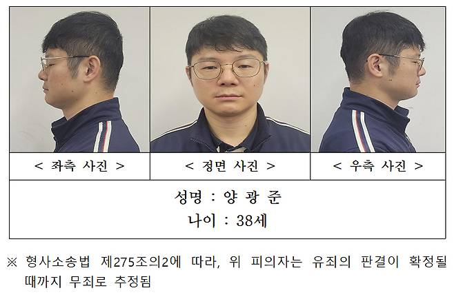 함께 근무하던 여성 군무원을 살해한 뒤 시신을 훼손하고 강원 화천군 북한강에 유기한 혐의를 받는&nbsp;양광준의 머그샷 사진 ⓒ연합뉴스