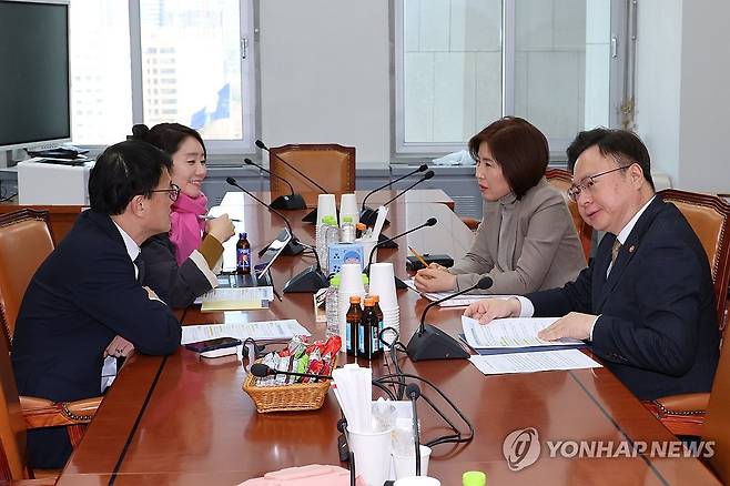 연금개혁 긴급회동 (서울=연합뉴스) 김주성 기자 = 국회 보건복지위원회 박주민 위원장과 국민의힘 간사인 김미애 의원, 더불어민주당 간사인 강선우 의원, 조규홍 보건복지부 장관이 19일 서울 여의도 국회에서 연금 개혁 관련 내용을 논의하기 위한 긴급회동을 하고 있다. 2025.3.19 utzza@yna.co.kr