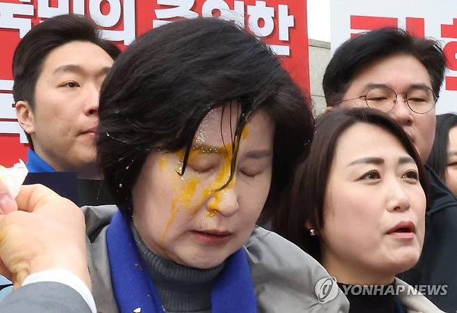 계란 봉변 당한 민주당 백혜련 의원 (서울=연합뉴스) 이진욱 기자 = 더불어민주당 백혜련 의원이 20일 서울 종로구 헌법재판소 앞에서 열린 민주당 원내부대표단의 윤석열 대통령 신속 파면 촉구 기자회견 도중 얼굴에 계란을 맞아 닦아내고 있다. 2025.3.20 cityboy@yna.co.kr