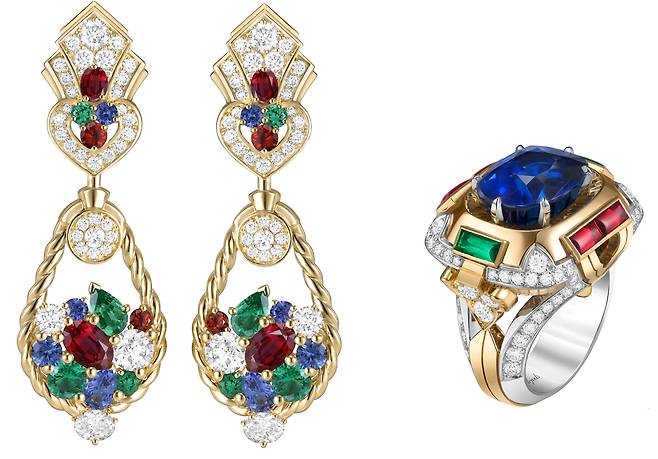 선박의 도르레를 재해석한 무스크통 프레시유 이어링(왼쪽)과 보물 상자 형태의 코프르 프레시유 링. 14.32캐럿 블루 사파이어 주위로 에메랄드, 루비, 다이아몬드 등 프레셔스 스톤을 세팅했다. 사진 반클리프 아펠