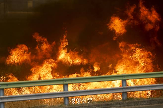 22일 경남 산청군 시천면 일대에서 산림청과 소방, 경찰 등 관계자들이 21일 발생한 산불 진화 작업을 벌이고 있다. 문재원 기자