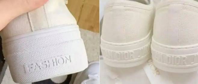 세탁을 맡긴 이후 'FASHION'으로 로고가 바뀐 신발(왼쪽) /사진=바이두