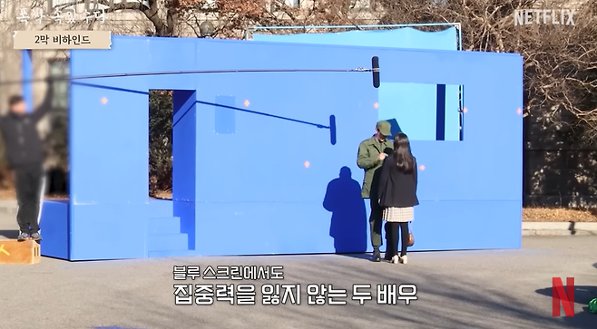 블루 스크린으로 촬영하는 기차역 촬영 장면 [넷플릭스 유튜브 갈무리]