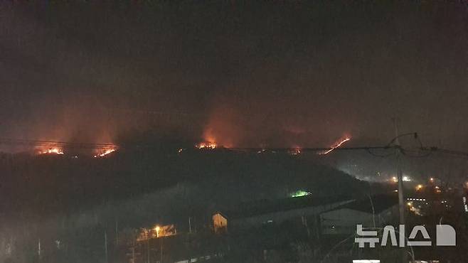 [김해=뉴시스]김상우 기자=22일 오후 2시3분께 경남 김해시 한림면 안곡리 야산에서 발생한 산불이 야간에 확산되고 있다. 소방당국은 민가 보호를 위해 야간 진화작업을 진행하고 있다. 2025.3.22.  woo@newsis.com