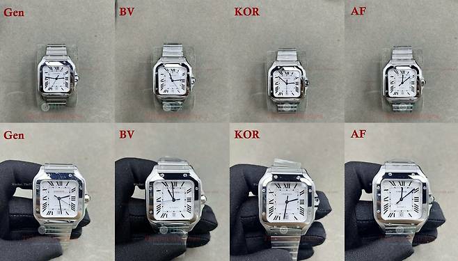 까르띠에의 산토스(Santos) 모델 진품과 가품들. 'Gen'이라고 쓰여진 시계 이외에 각각 다른 공장에서 만들어진 가품.