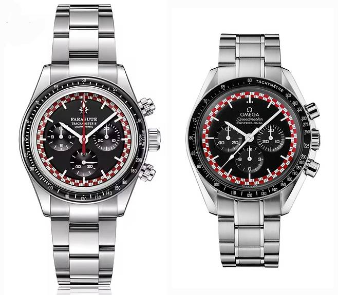 오메가 스피드마스터(Speed Master) 틴틴 모델(오른쪽)과 이 디자인을 일부 모방한 오마주 시계.