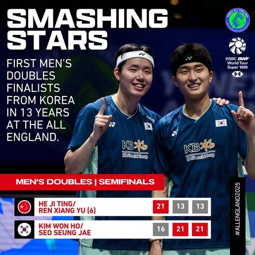결승에 진출한 남자 복식 서승재(왼쪽)와 김원호. /사진=BWF 공식 SNS