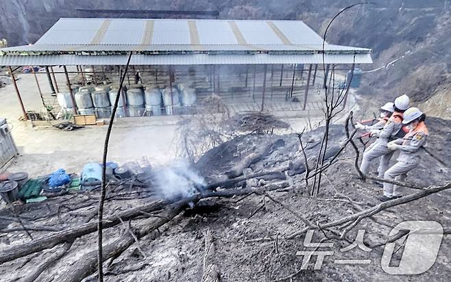 울산 울주 온산읍 운화리 산불이 이틀째에 접어든 23일 산불진화대원들이 진화 작업을 하고 있다. 이날 오전 9시 기준 진화율은 65%다. (울산소방본부 제공. 재판매 및 DB금지) 2025.3.23/뉴스1 ⓒ News1
