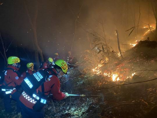 경남 산청 산불을 진화하는 산불진화대원, 산림청 제공