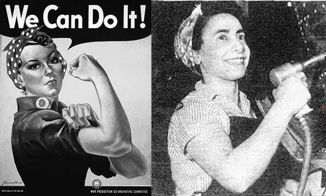 2차 세계대전 당시 여성 노동에 대한 기념비적 프로파간다 광고인 '리벳공 로지'(왼쪽)와 그 모델인 제럴딘 도일의 신문 보도 사진. 푸른역사 제공
