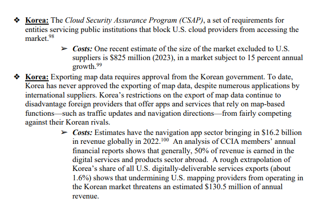 미국 컴퓨터통신산업협회(CCIA)가 미국 무역대표부(USTR)에 제출한 의견서. CCIA 의견서 갈무리