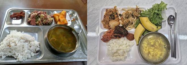 평균 급식단가가 기존 3920원(사진 왼쪽)에서 8280원으로 대폭 인상돼 점심으로 제공된 전북 전주 완산소방서 급식. 독자·전북소방본부 제공