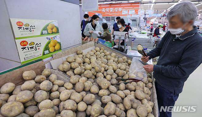[서울=뉴시스] 권창회 기자 = 10일 오전 서울 시내 대형마트에서 고객들이 감자를 고르고 있다. 2023.05.10. kch0523@newsis.com