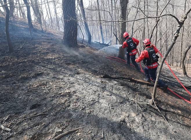 울산시 울주군 온양읍 산불 사흘째인 24일 산림청 산불특수진화대가 진화 작업을 하고 있다.&nbsp; &nbsp;연합뉴스