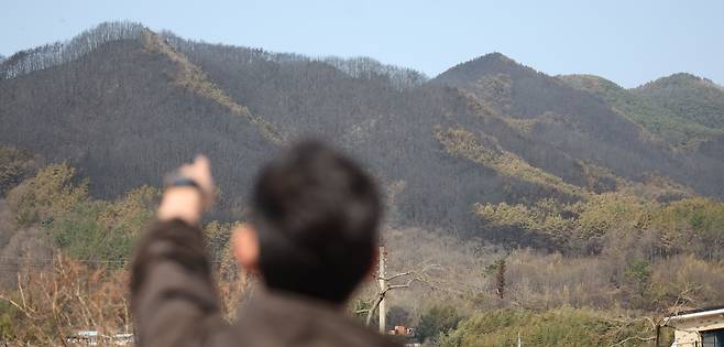 경남 산청군 지역 산불 발생 나흘째인 24일 오전 산청군 시천면 일대 산이 시커멓게 타버린 모습이다.&nbsp; &nbsp; 연합뉴스
