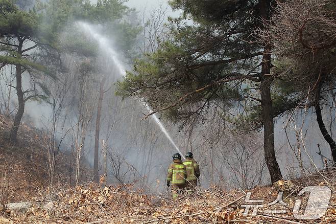 의성 산불 나흘째인 25일 오전 경북 안동시 길안면 백자리 민가 뒷산까지 산불이 번지는 가운데 국가소방동원령에 따라 투입된 소방관들이 산불 확산을 저지하고 있다. 2025.3.25/뉴스1 ⓒ News1 공정식 기자