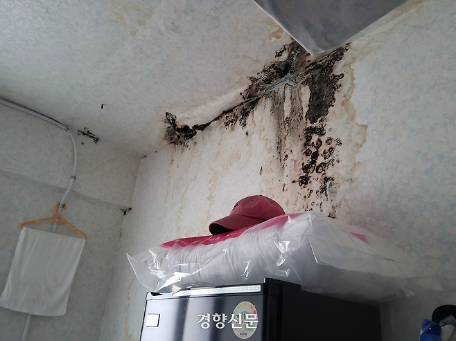 25일 서울 중구 후암동의 한 쪽방 벽지에 지난해 화재로 그을린 흔적과 곰팡이가 남아있다. 김태욱 기자