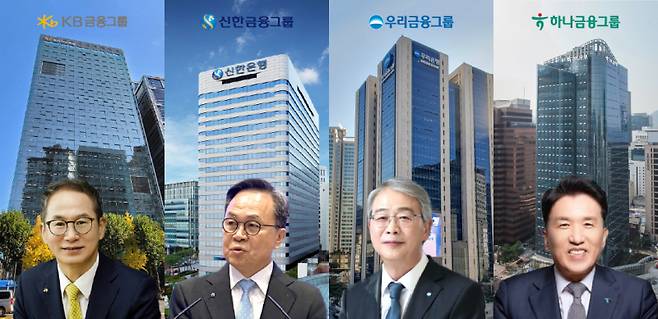 왼쪽부터 양종희 KB금융지주 회장, 진옥동 신한금융지주 회장, 임종룡 우리금융지주 회장, 함영주 하나금융지주 회장 그래픽=한지영 디자이너