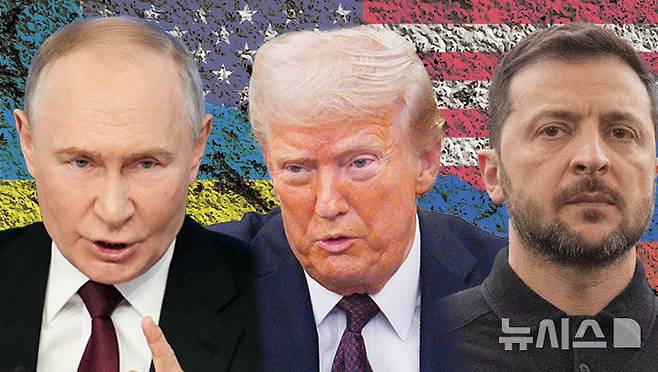 [서울=뉴시스] 미국은 사우디아라비아에서 진행된 회담을 통해 우크라이나·러시아 대표단과 안전한 흑해 항해 보장에 대한 합의가 이뤄졌다고 25일(현지 시간) 발표했다.﻿﻿ 사진은 왼쪽부터 블라디미르 푸틴 러시아 대통령과 도널드 트럼프 미국 대통령, 볼로디미르 젤렌스키 우크라이나 대통령. 2025.3.26