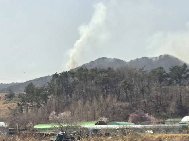 26일 오후 1시 울산 울주군 온양읍 상대마을에서 바라본 대운산의 모습. 산 위로 연기가 피어오르고 있다. 이보람 기자
