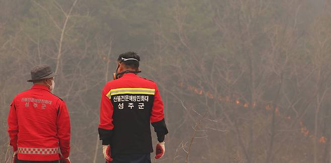 3월26일 경북 안동시 임동면 갈전리 야산이 불에 타고 있다. ⓒ연합뉴스