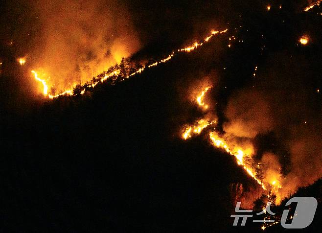 지난 26일 오후 어둠이 내린 경북 청송군 주왕산면 상의리 주왕산국립공원에 산불이 번지고 있다. 2025.3.26/뉴스1 ⓒ News1 공정식 기자