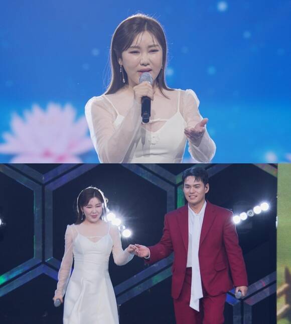 가수 송가인(위)과 천록담이 27일 오후 10시 방송되는 TV조선 예능프로그램 '미스터트롯3 갈라쇼' 2회에서 듀엣 무대를 꾸민다. /TV조선