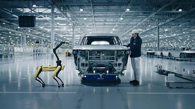 HMGMA 차체 공장에서 보스턴 다이내믹스의 4족 보행 로봇 ‘스팟(Spot)’이 차체를 검사하고 있다. ⓒ현대차그룹