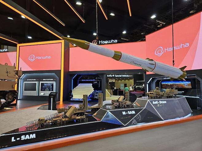한화시스템이 IDEX 2025에서 선보인 대공방어체계 다기능레이다(MFR) 라인업과 L-SAM 유도탄의 모습. 한화시스템 제공
