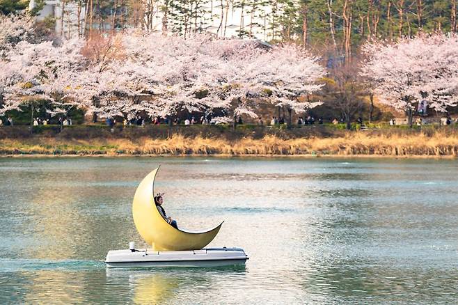 석촌호수 위를 오가는 초승달 모양의 문보트. 롯데월드 제공