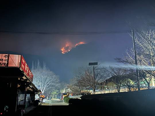 27일 새벽 경북 청송 주왕산 국립공원에 확산한 산불이 대전사로 근접해 오고 있다. [사진=연합뉴스]