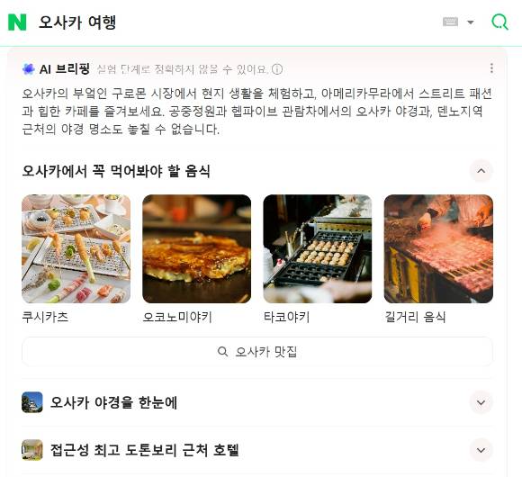 네이버에서 '오사카 여행'을 검색한 후 나온 'AI 브리핑' 화면 [사진=네이버]